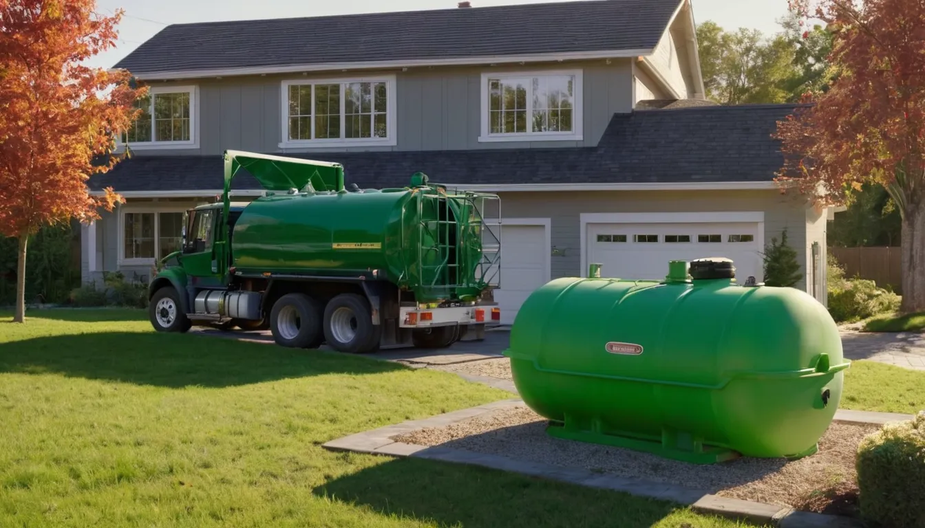 Septic pump truck parked beside a ranch home in St. Paul while a provider checks a tank lid