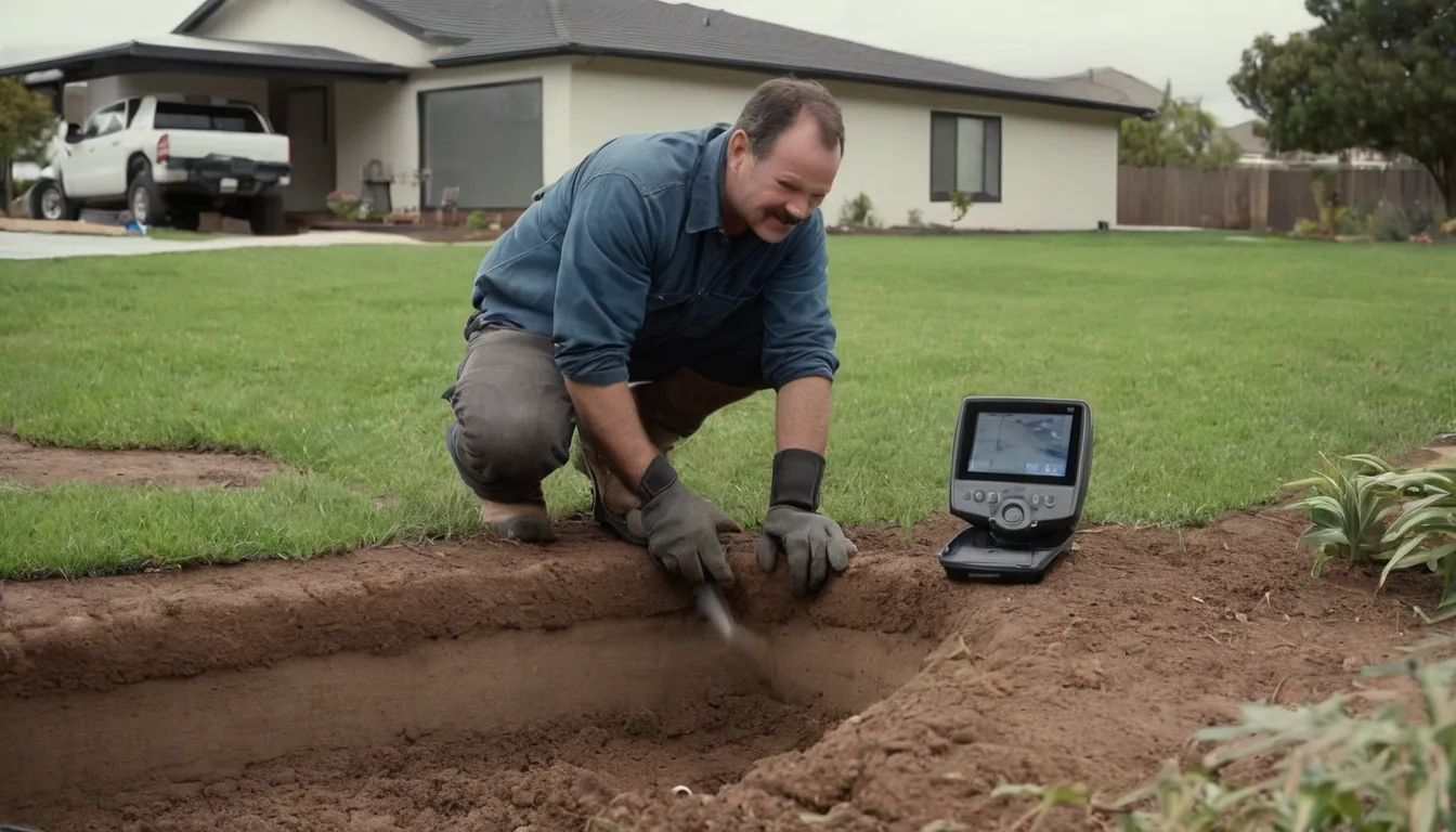 Provider reviewing a sewer camera inspection on a monitor beside an open yard excavation near a home in the St. Paul area